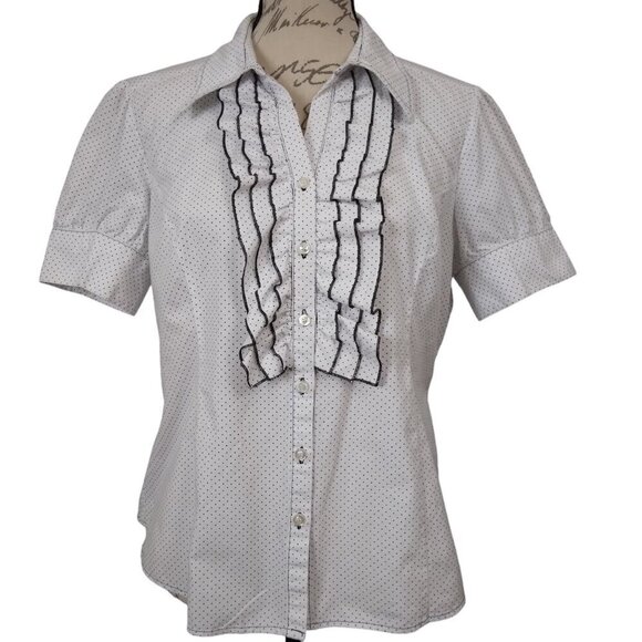 Spense | Polka Dot Ruffle Front Blouse Shirt White | Size L - Picture 2 of 9